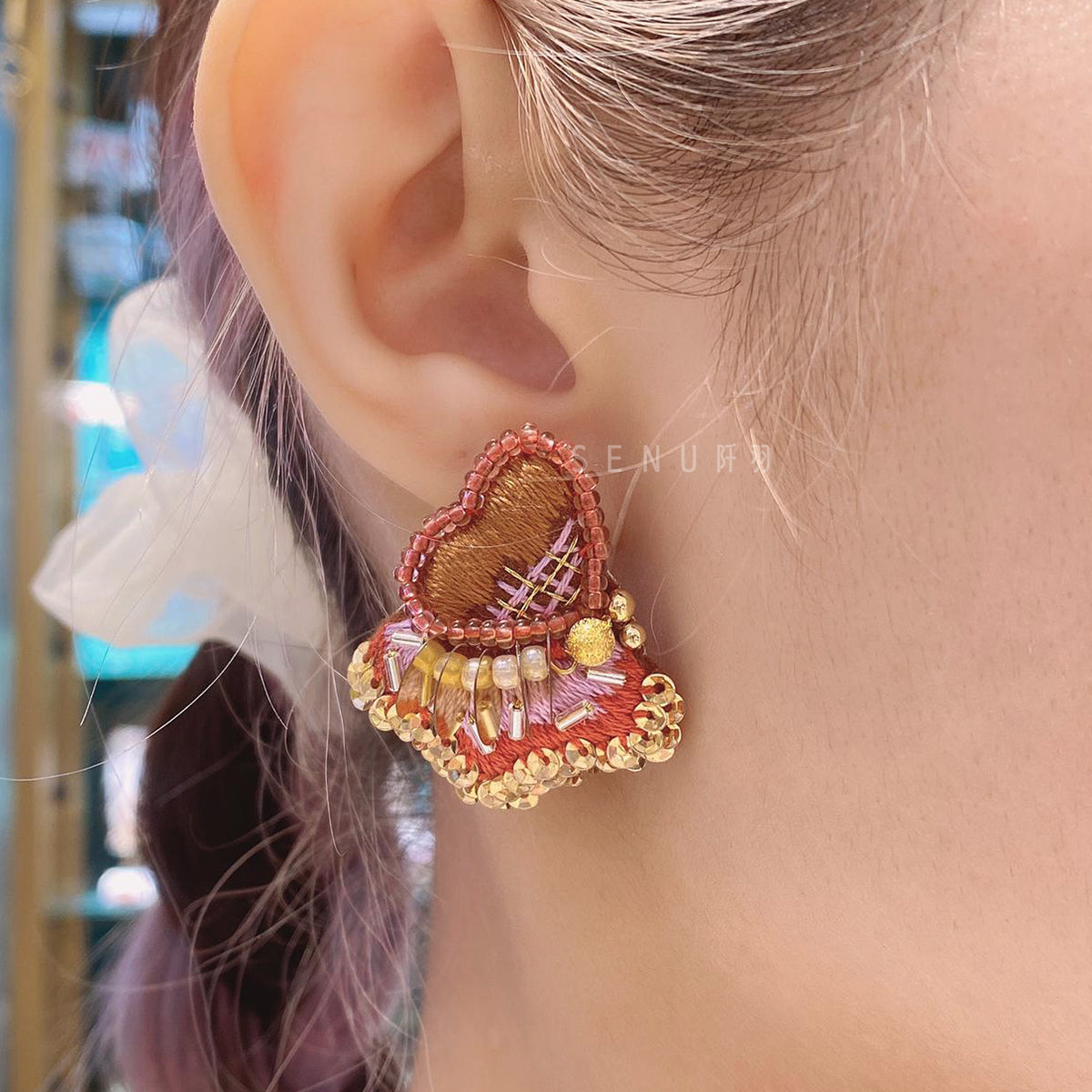 【日本手藝師|日本手作飾物|刺繡|耳飾|耳環】 心心釘珠刺繡耳環