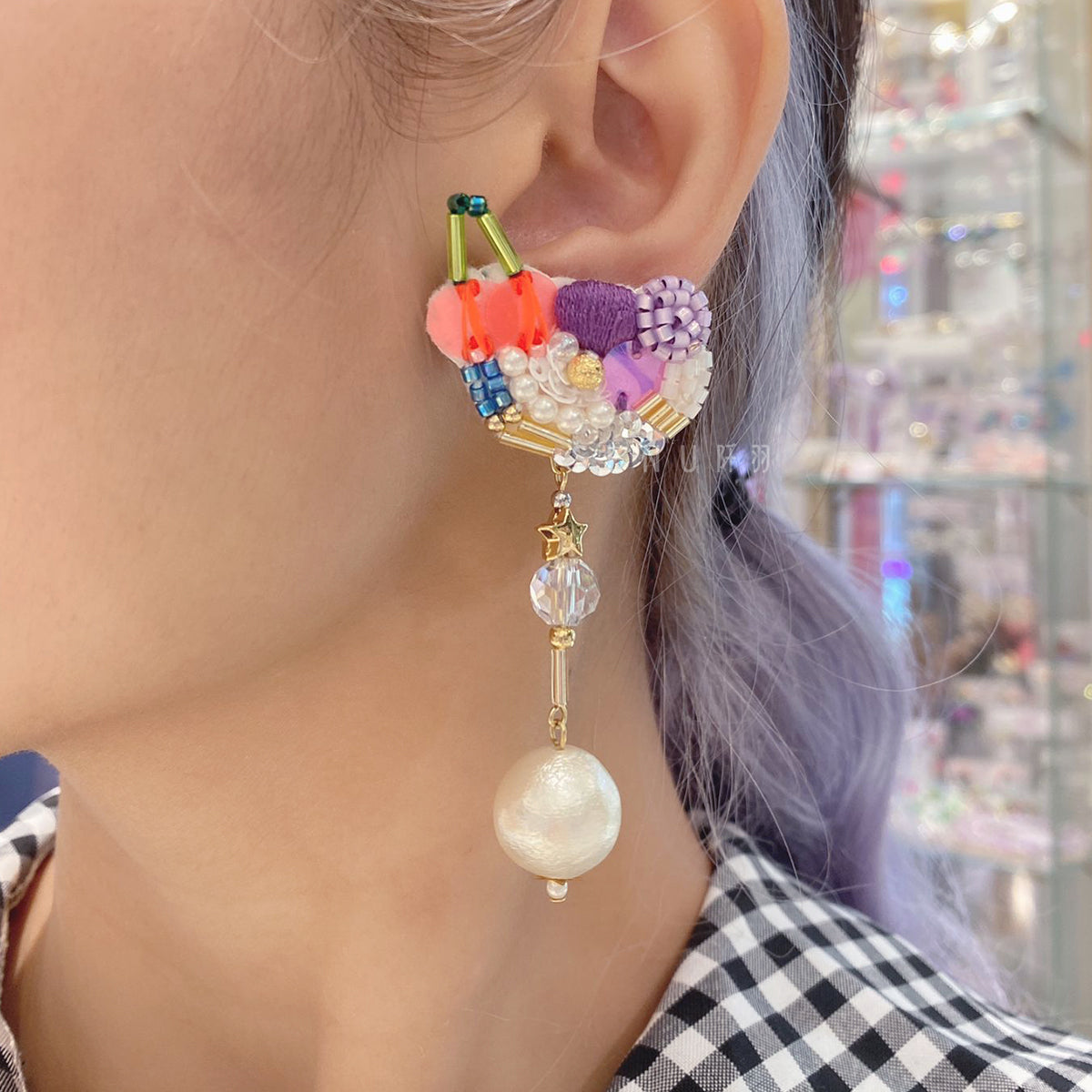 【日本手藝師|日本手作飾物|刺繡|耳飾|耳環】 水果盤釘珠刺繡耳環