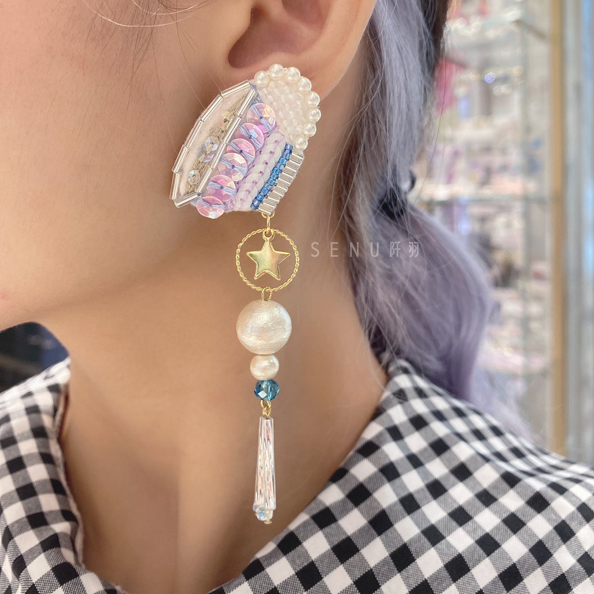 【日本手藝師|日本手作飾物|刺繡|耳飾|耳環】 茶杯吊珍珠釘珠刺繡耳環