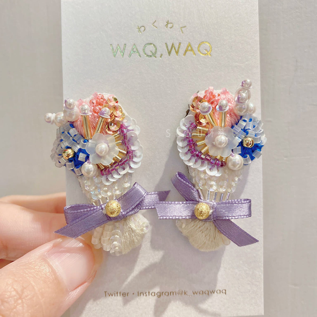 【日本手藝師|日本手作飾物|刺繡|耳飾|耳環】 花束蝴蝶結釘珠刺繡耳環