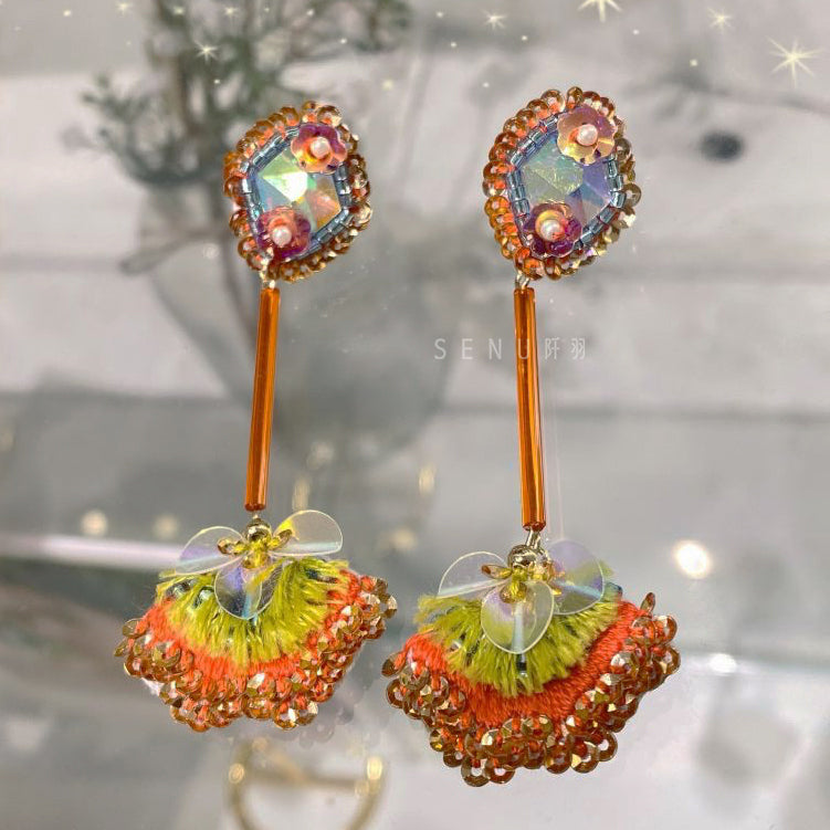 【日本手藝師|日本手作飾物|刺繡|耳飾|耳環】 菱鑽吊扇形刺繡耳環