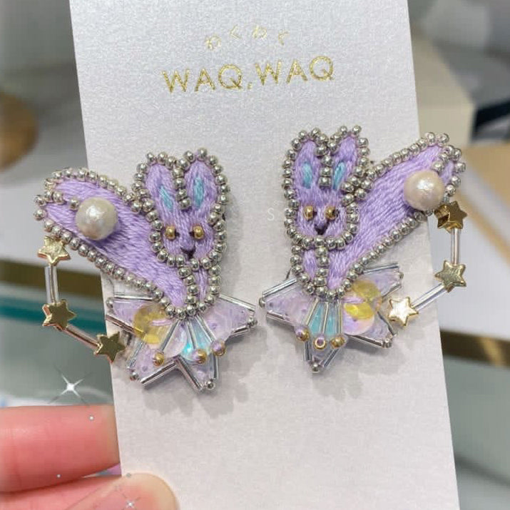 【日本手藝師|日本手作飾物|刺繡|耳飾|耳環】 星環兔子釘珠刺繡耳環