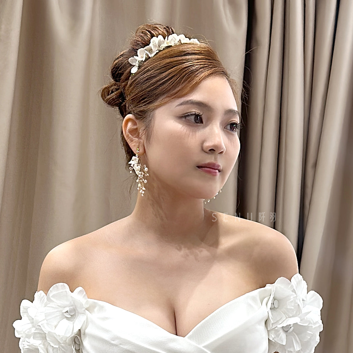 【日本手藝師|日本手作|新娘飾物|布花|耳飾|耳環】 布花水晶珍珠繞線耳環