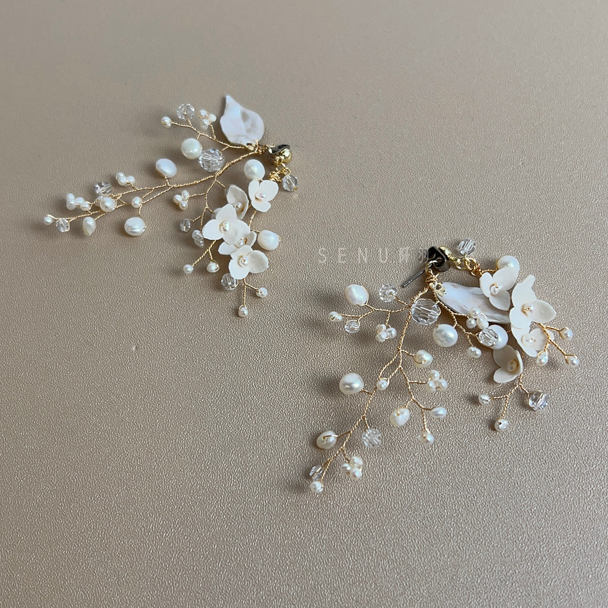 【日本手藝師|日本手作|新娘飾物|布花|耳飾|耳環】 布花水晶珍珠繞線耳環