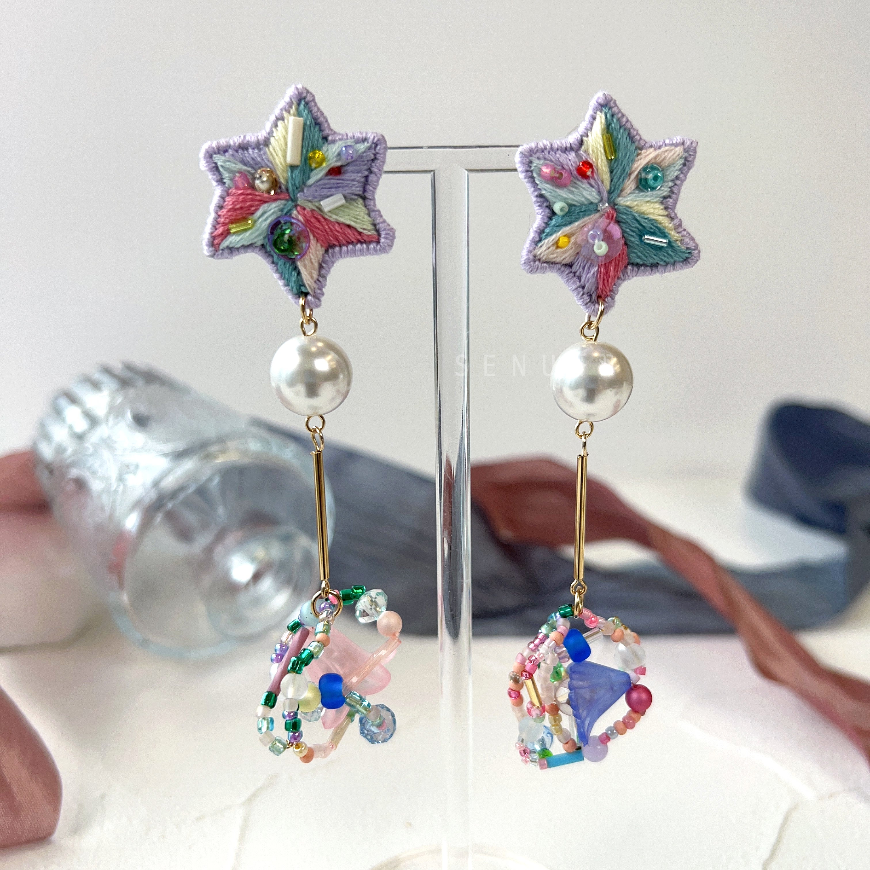 【日本設計師|日本手作飾物|刺繡|耳飾|耳環】 星星刺繡串珠長耳環