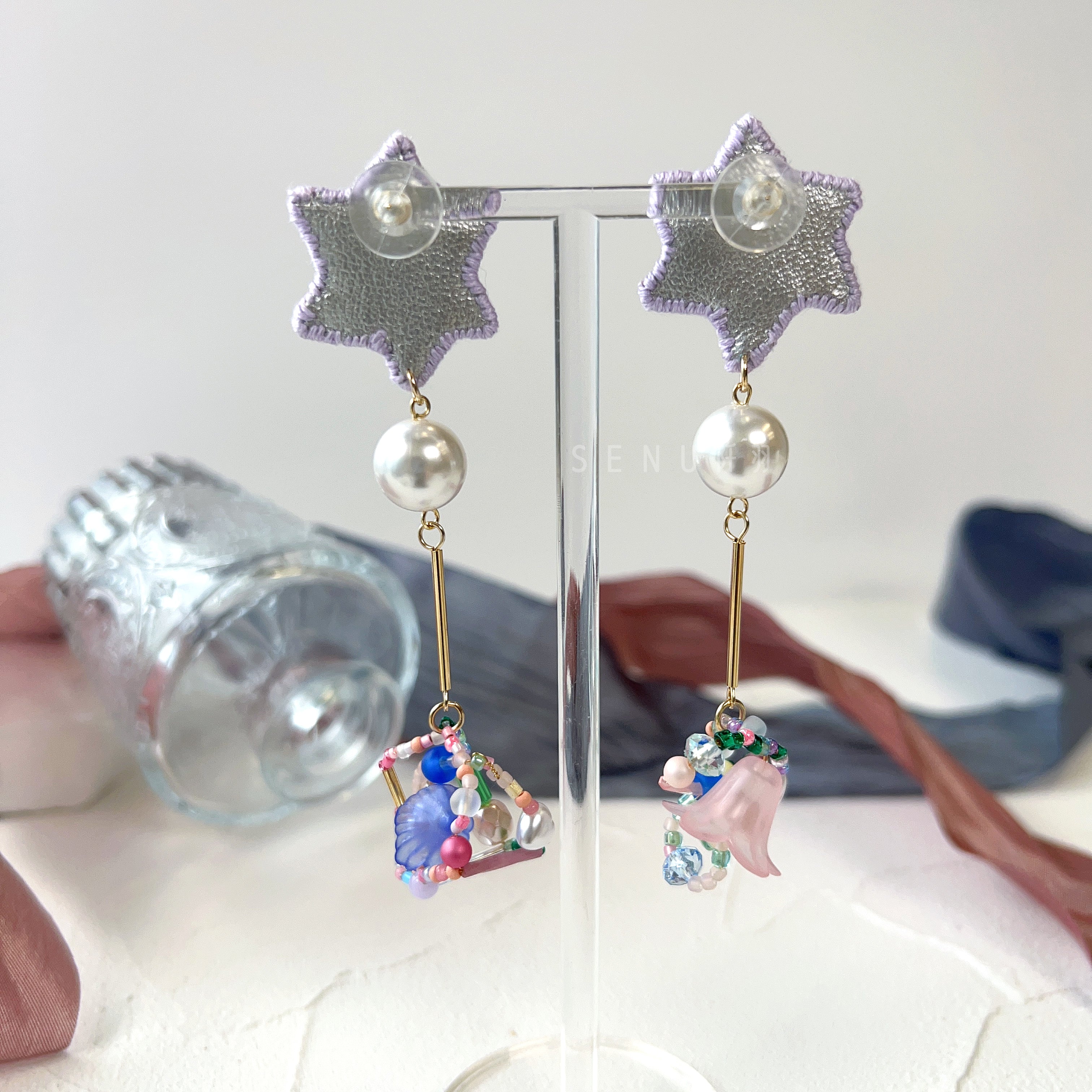 【日本設計師|日本手作飾物|刺繡|耳飾|耳環】 星星刺繡串珠長耳環
