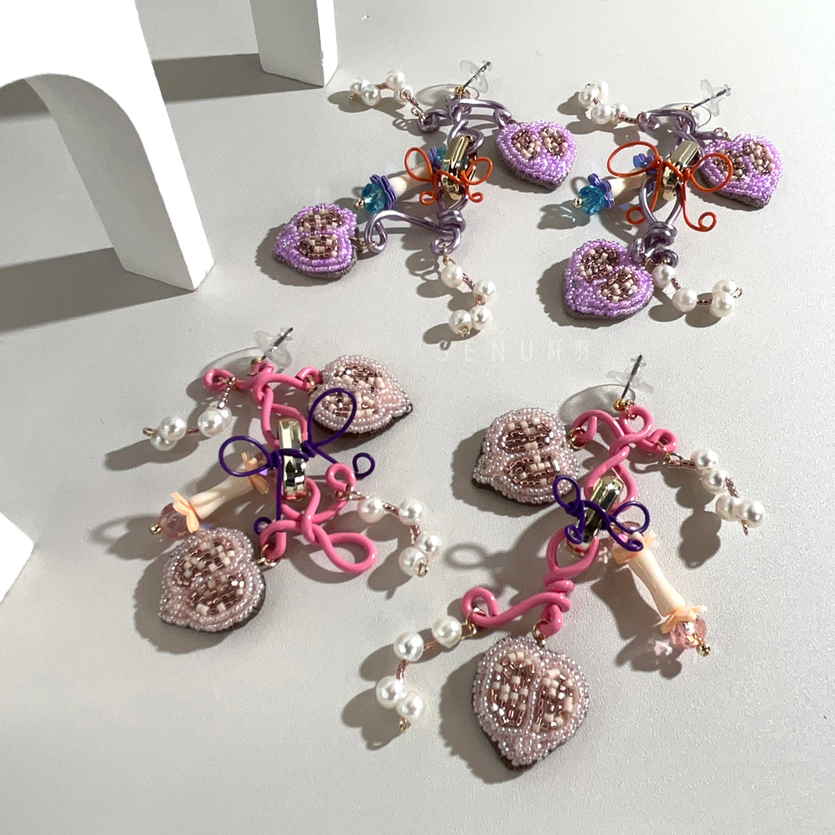 【日本設計師|日本手作飾物|刺繡|耳飾|耳環】 心心拼繞線珠繡耳環