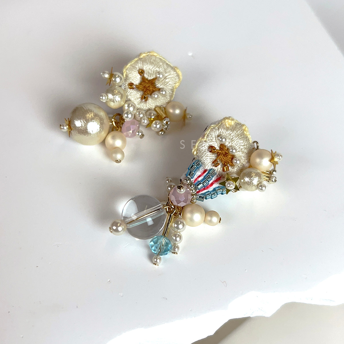 【日本手藝師|日本手作飾物|刺繡|耳飾|耳環】 爆米花釘珠刺繡耳環