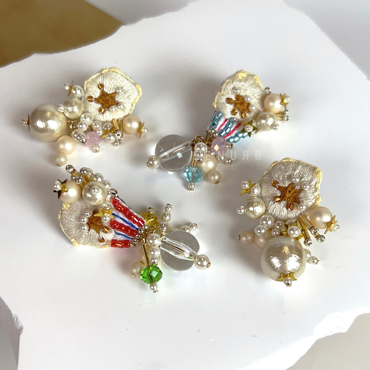 【日本手藝師|日本手作飾物|刺繡|耳飾|耳環】 爆米花釘珠刺繡耳環