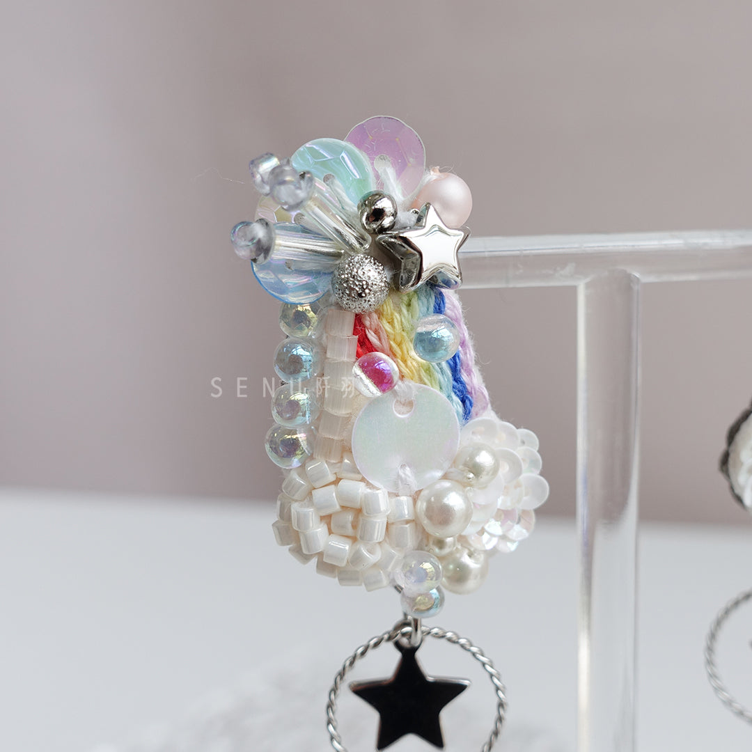 【日本手藝師|日本手作飾物|刺繡|耳飾|耳環】 彩虹星星刺繡釘珠手作耳環