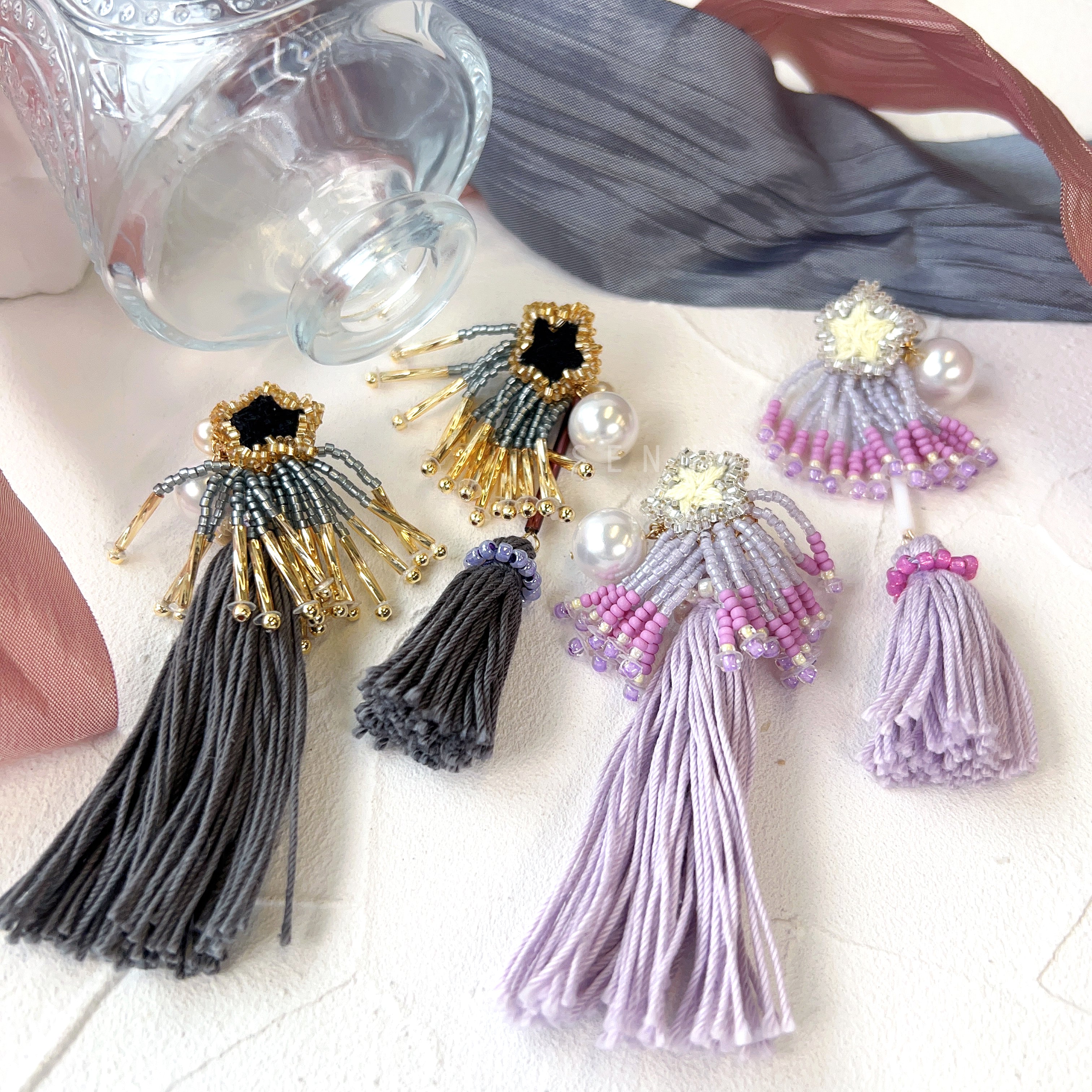 [Japanese Designer | Japanese Handmade Accessories | Embroidery | Earrings | Earrings] Meteor Tassel Embroidered Beaded Earrings