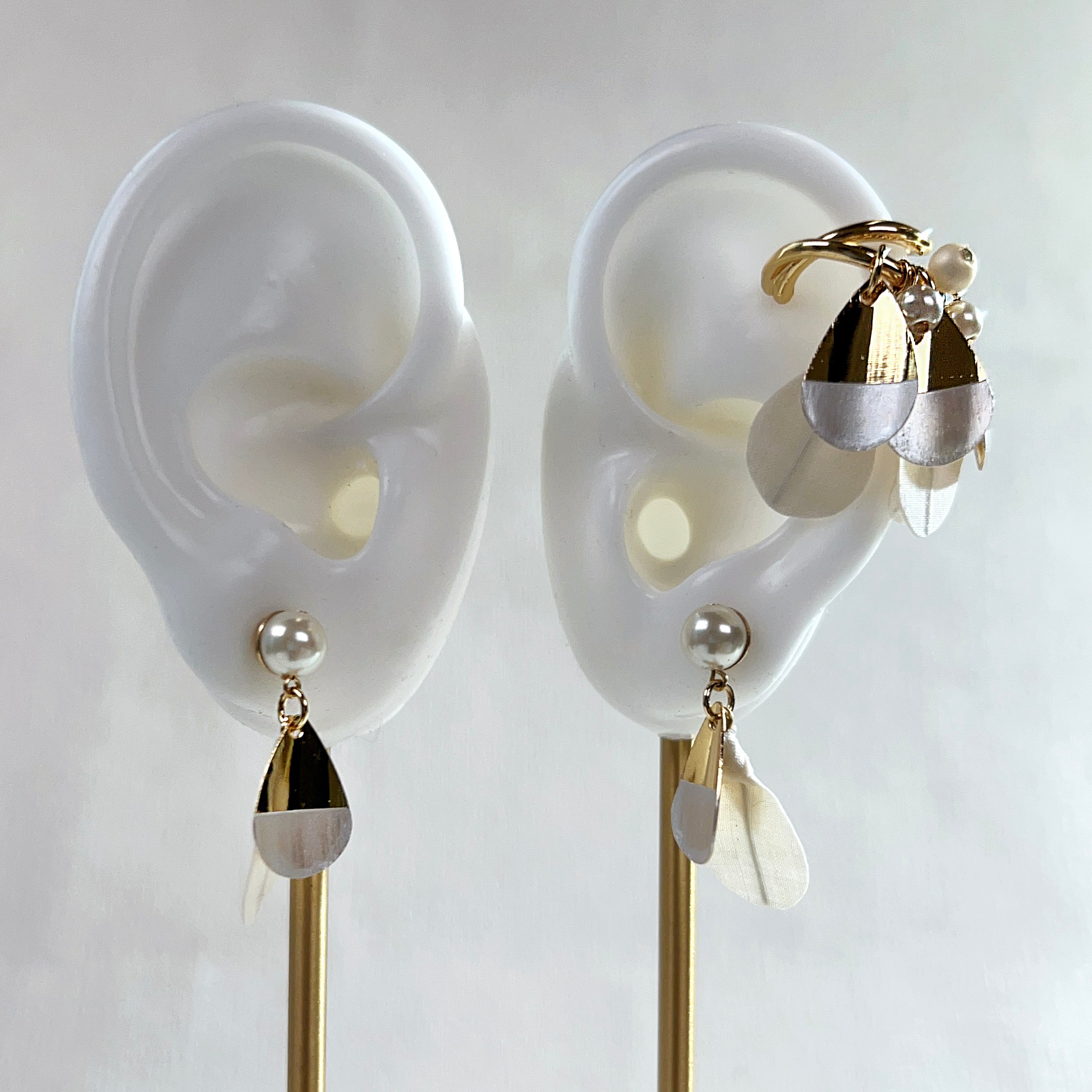 [Japanese craftsman｜Japanese handmade｜bridal accessories｜fabric flowers｜earrings｜earrings] Water drop-shaped fabric three-piece set of earrings
